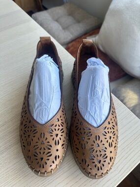 Spring Step Tan Laser-Cut Leather Ballet Flats